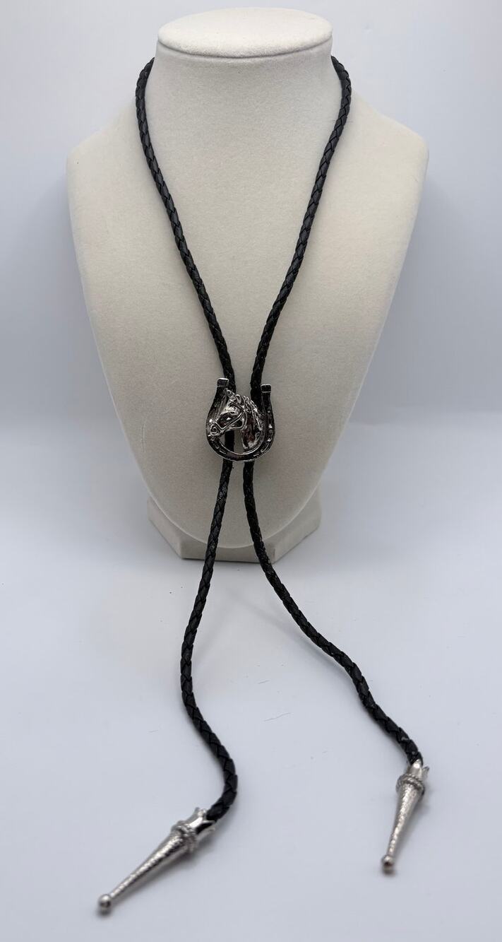Bolo Black with Silvertone Horseshoe and Horse Slider and Decorative Caps